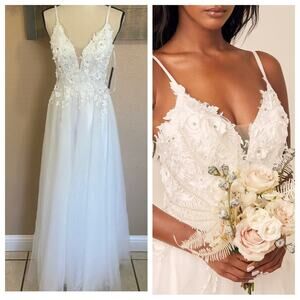 NWOT Lulus Breathtaking Romance White Embroidered Tulle Gown